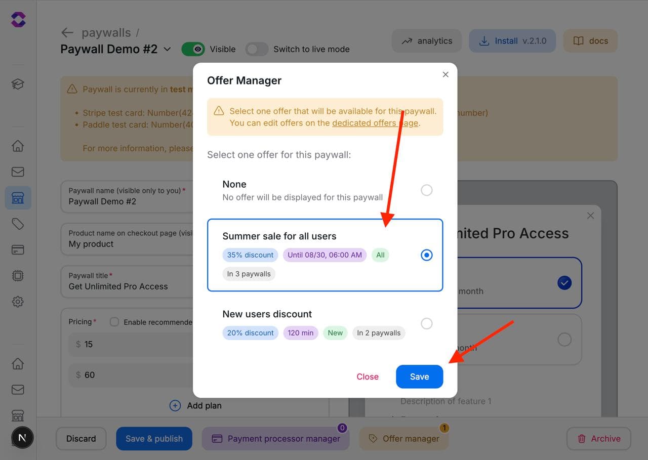 Paywall offer manager save